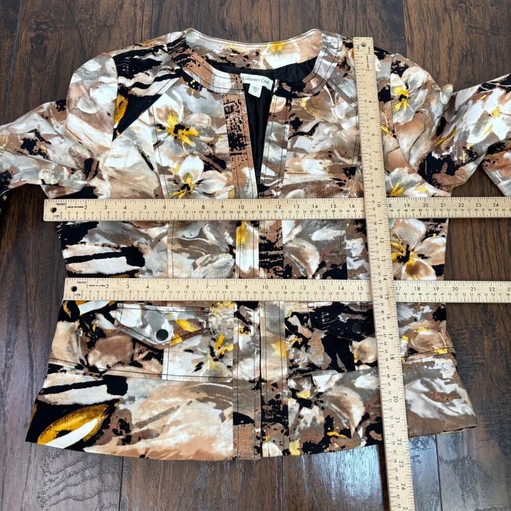 Coldwater Creek Jacket 16 Brown Yellow Floral Full-Zip 3/4 Sleeves Cotton Womens